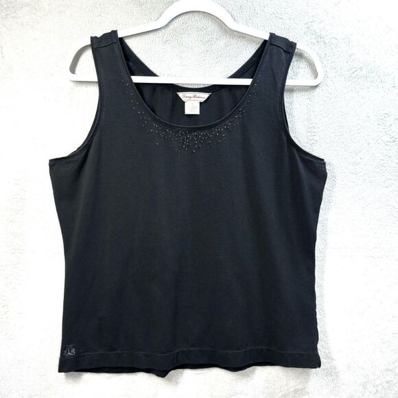 Tommy Bahama Tank Top Women's L Solid Black Stretch Sleeveless Scoop Neck Sequin - Picture 1 of 7